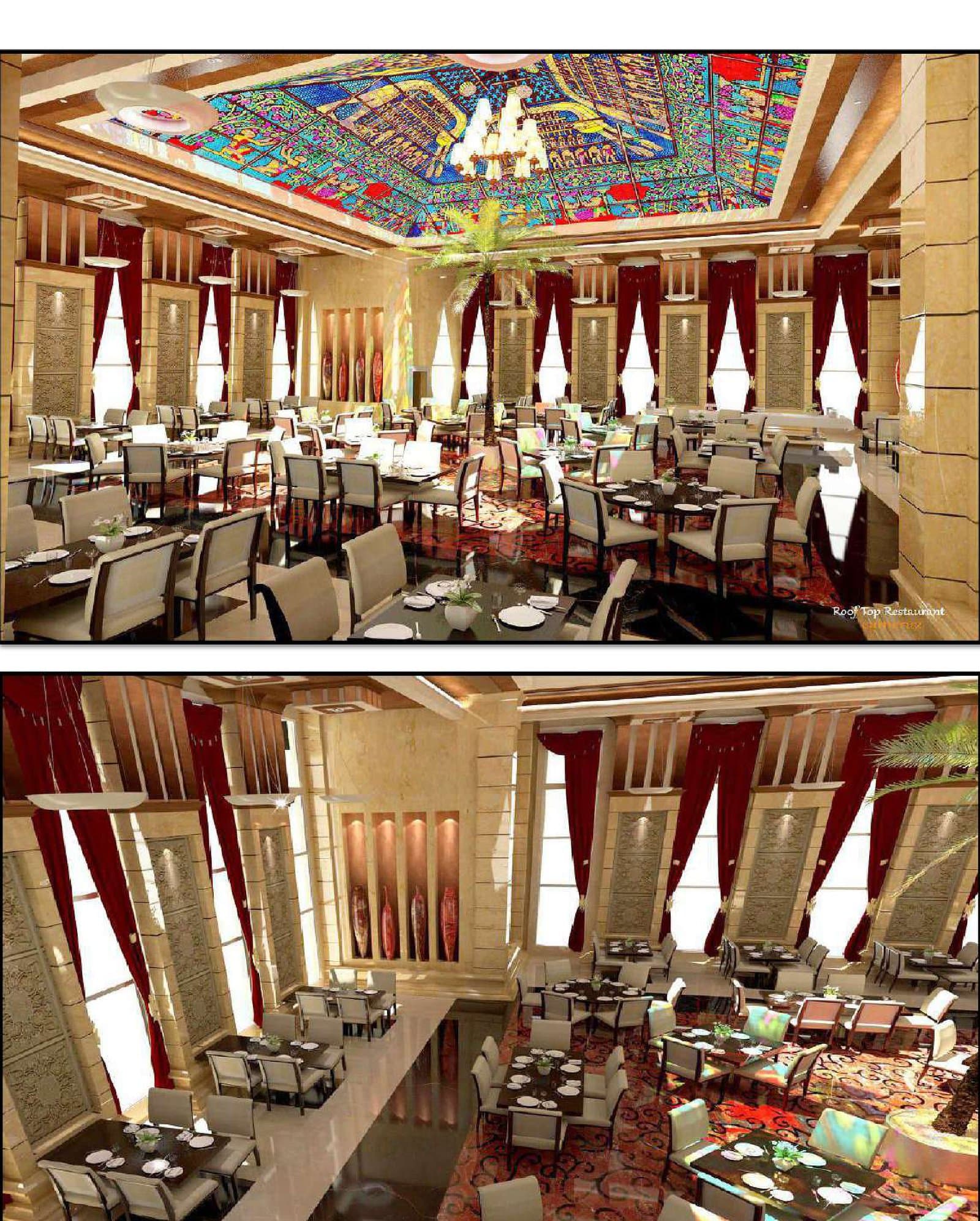 Grand dining room with ornate ceiling