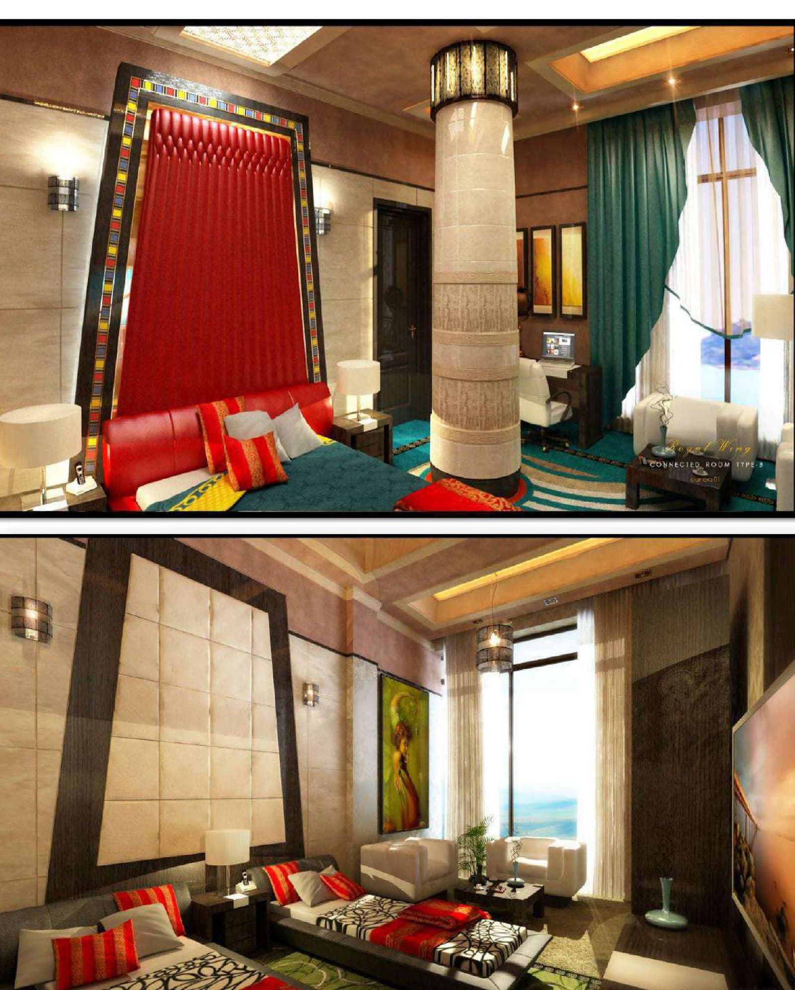 Guest suite interior with red-accent wall